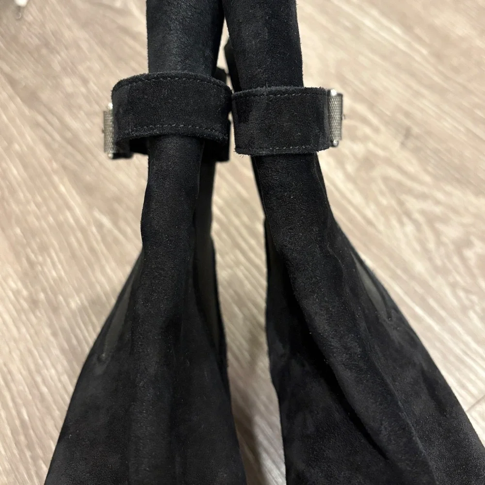Rag & Bone Romi Black Suede Studded Belted Block Heel Ankle Boots 6.5 Moto Biker